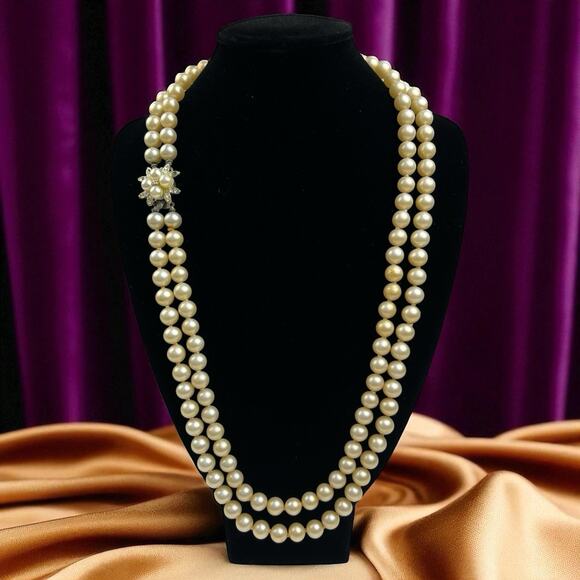 Vintage 1950s Double Strand Faux Pearl Necklace Rhinestone Flower Clasp 20 & 24” - Picture 1 of 7